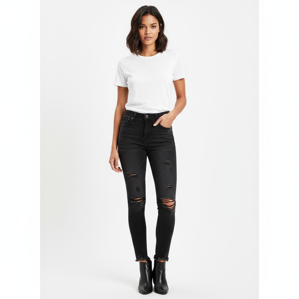 KANCAN Jeans Womens Black‎ Skinny Mid Rise Distressed Fringe Hem Edgy Chic